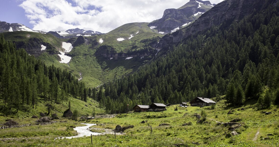 Malerische Alpenlandschaft mit grünen Wiesen, Hütten und einem Bach in einem Tal. | © Ferienregion Nationalpark Hohe Tauern