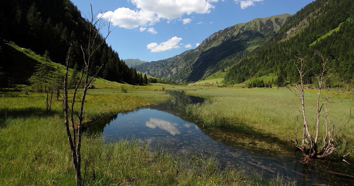 Malerische Alpenlandschaft mit Tal, Wiese und kleinem Bach, umgeben von Bergen. | © Ferienregion Nationalpark Hohe Tauern