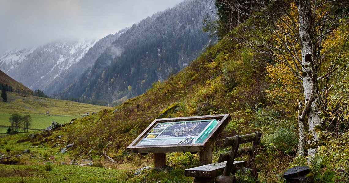 Eine Holzbank steht neben einer Infotafel auf einem naturbelassenen Pfad in den Bergen. | © Ferienregion Nationalpark Hohe Tauern