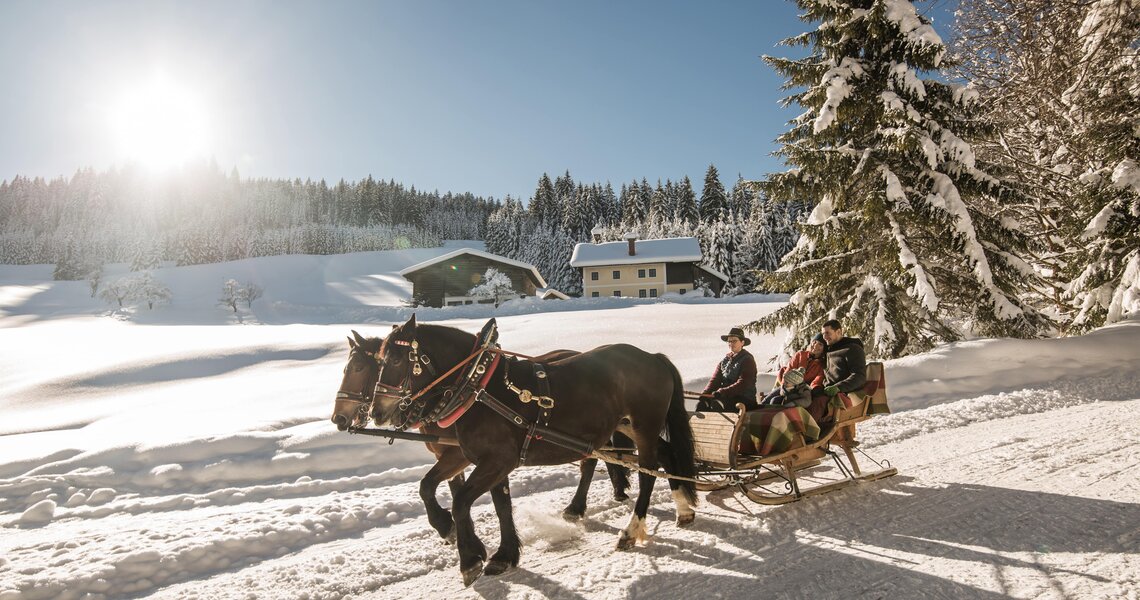 Pferdeschlitten mit Menschen fährt durch verschneite Winterlandschaft bei Sonnenschein.