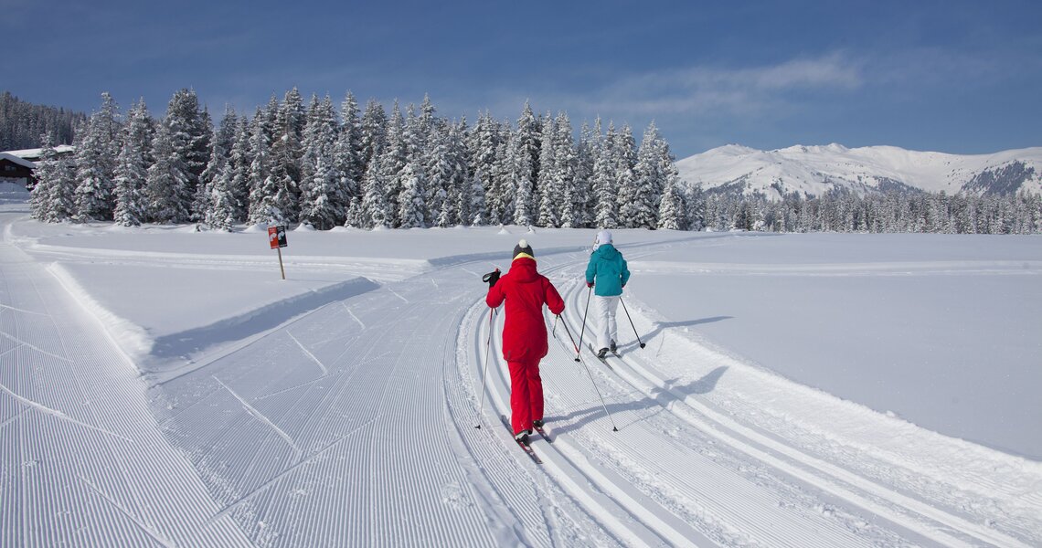 Two cross-country skiers on groomed trail in snowy winter forest.